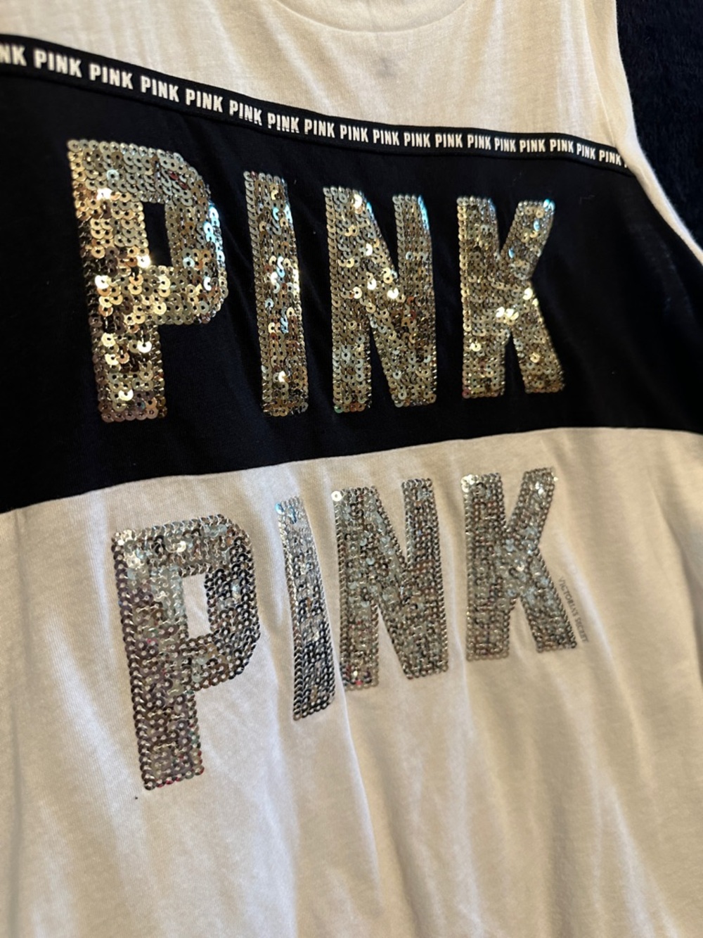 PINK Victoria's Secret White & Black Sequin Logo Tee - Picture 5 of 5